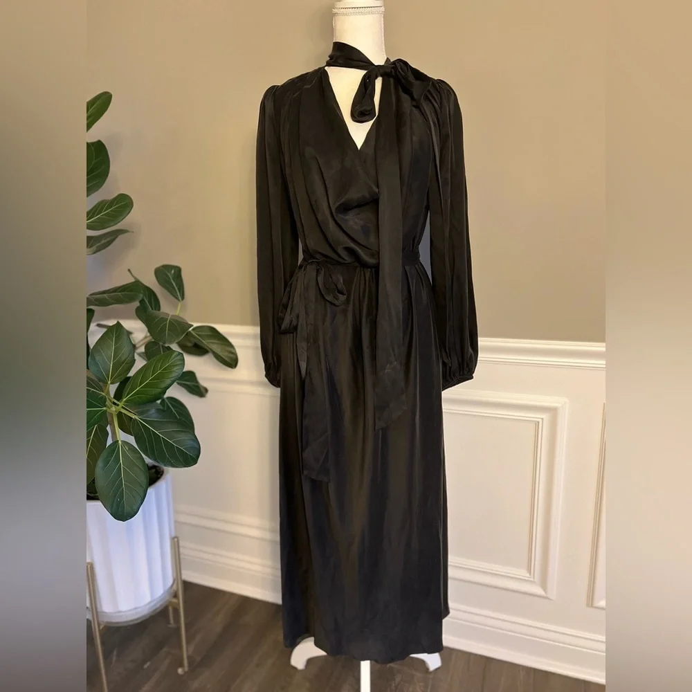 Zimmermann FW23 Silk Tie-Neck Gathered Bollow Dress in Black sz 0 US 4 795$ NWT